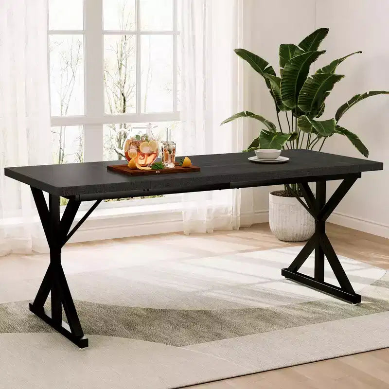 Dyonery 70.8 Farmhouse Dining Table for 6-8 Metal Base & Solid Wood Top, Water-Resistant, Easy Assembly