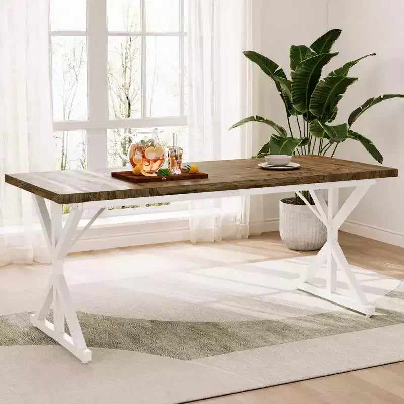 Dyonery 70.8 Farmhouse Dining Table for 6-8 Metal Base & Solid Wood Top, Water-Resistant, Easy Assembly