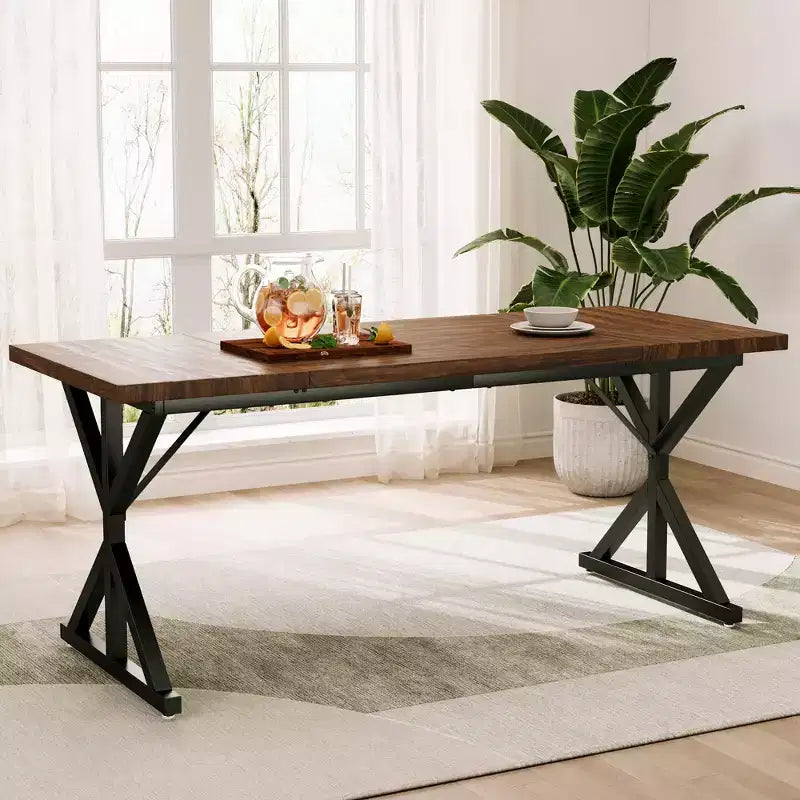 Dyonery 70.8 Farmhouse Dining Table for 6-8 Metal Base & Solid Wood Top, Water-Resistant, Easy Assembly