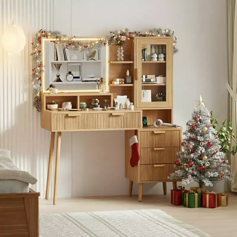 Vanity Desk with LED Lights Mirror & Power Outlet, Big Modern Fluted Vanity Desk with 24 in Hd Lighted Mirror, 5 Drawers and Storage Shelf