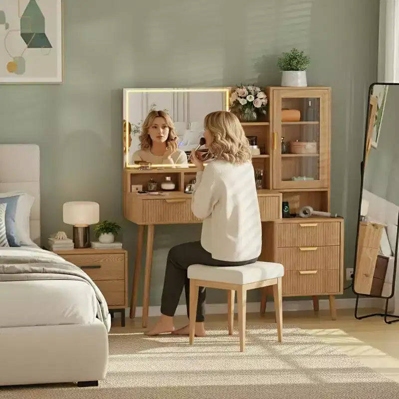 Vanity Desk with LED Lights Mirror & Power Outlet, Big Modern Fluted Vanity Desk with 24 in Hd Lighted Mirror, 5 Drawers and Storage Shelf