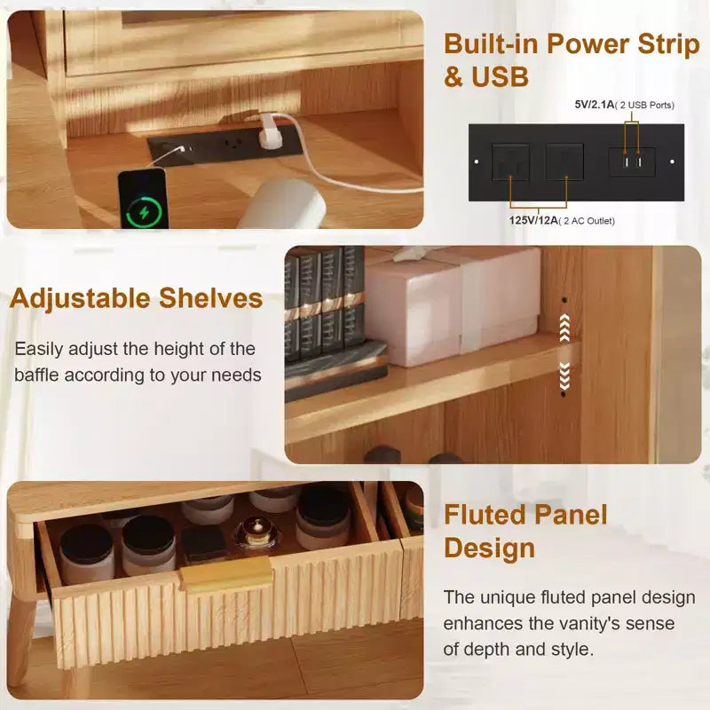 Vanity Desk with LED Lights Mirror & Power Outlet, Big Modern Fluted Vanity Desk with 24 in Hd Lighted Mirror, 5 Drawers and Storage Shelf