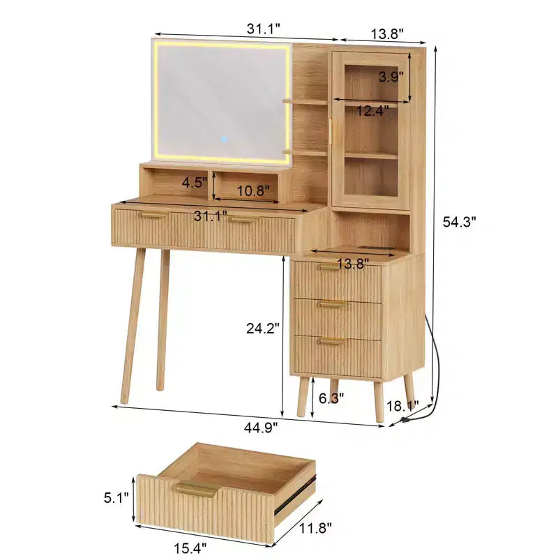 Vanity Desk with LED Lights Mirror & Power Outlet, Big Modern Fluted Vanity Desk with 24 in Hd Lighted Mirror, 5 Drawers and Storage Shelf