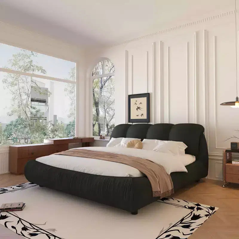 MAYEERTY Queen Size Luxury Upholstered Platform Bed with Oversized Padded Backrset and Solid Wood Frame Black