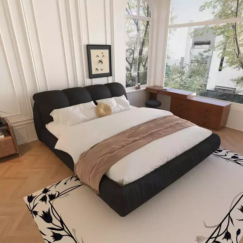 MAYEERTY Queen Size Luxury Upholstered Platform Bed with Oversized Padded Backrset and Solid Wood Frame Black
