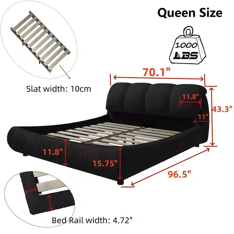 MAYEERTY Queen Size Luxury Upholstered Platform Bed with Oversized Padded Backrset and Solid Wood Frame Black