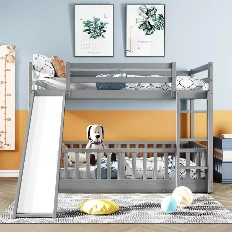 Bellemave Twin Over Twin Bunk Bed with Convertible Slide & Ladder, Solid Pine Wood, Safety Guardrails, Space-Saving Design, White/Gray/Espresso