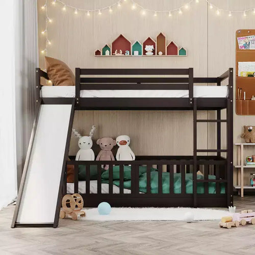 Bellemave Twin Over Twin Bunk Bed with Convertible Slide & Ladder, Solid Pine Wood, Safety Guardrails, Space-Saving Design, White/Gray/Espresso