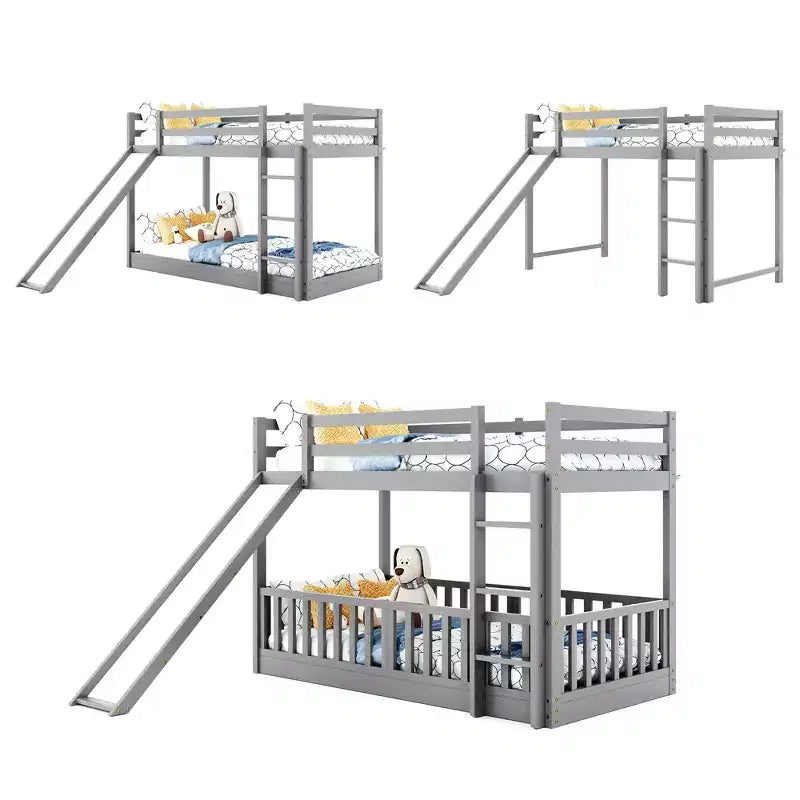 Bellemave Twin Over Twin Bunk Bed with Convertible Slide & Ladder, Solid Pine Wood, Safety Guardrails, Space-Saving Design, White/Gray/Espresso
