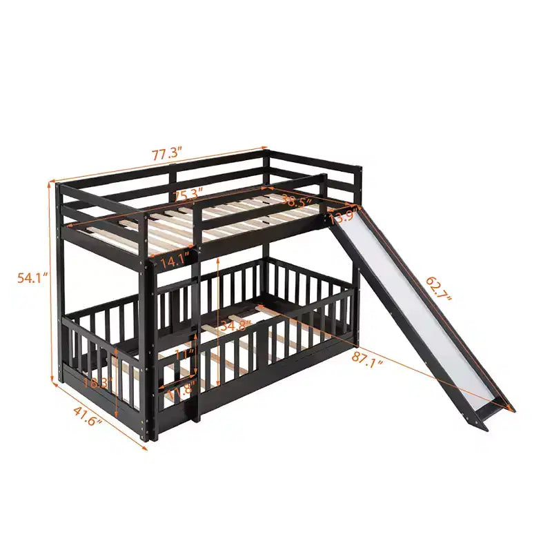 Bellemave Twin Over Twin Bunk Bed with Convertible Slide & Ladder, Solid Pine Wood, Safety Guardrails, Space-Saving Design, White/Gray/Espresso