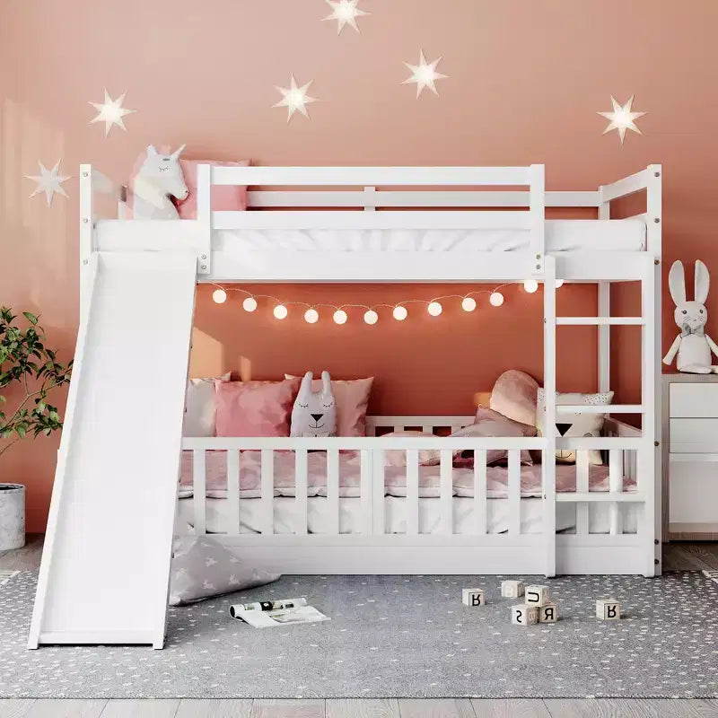 Bellemave Twin Over Twin Bunk Bed with Convertible Slide & Ladder, Solid Pine Wood, Safety Guardrails, Space-Saving Design, White/Gray/Espresso