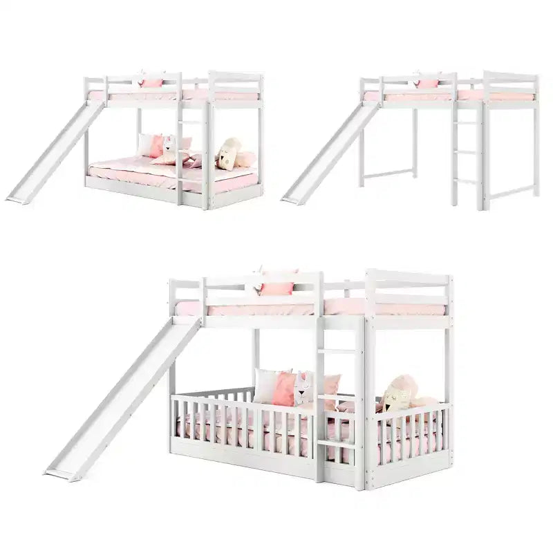 Bellemave Twin Over Twin Bunk Bed with Convertible Slide & Ladder, Solid Pine Wood, Safety Guardrails, Space-Saving Design, White/Gray/Espresso
