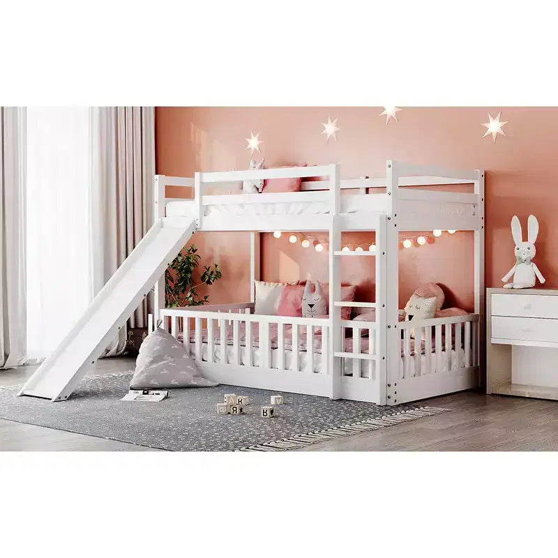 Bellemave Twin Over Twin Bunk Bed with Convertible Slide & Ladder, Solid Pine Wood, Safety Guardrails, Space-Saving Design, White/Gray/Espresso