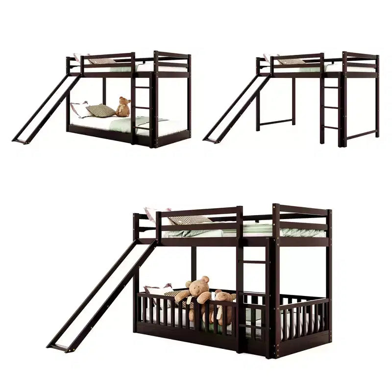 Bellemave Twin Over Twin Bunk Bed with Convertible Slide & Ladder, Solid Pine Wood, Safety Guardrails, Space-Saving Design, White/Gray/Espresso