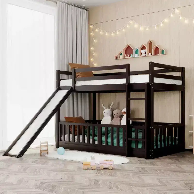 Bellemave Twin Over Twin Bunk Bed with Convertible Slide & Ladder, Solid Pine Wood, Safety Guardrails, Space-Saving Design, White/Gray/Espresso