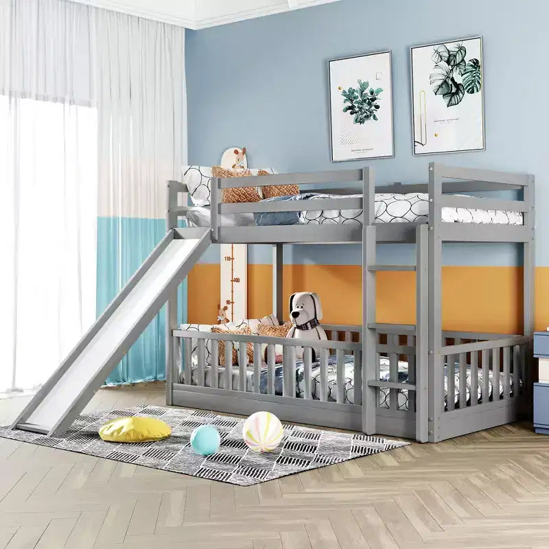 Bellemave Twin Over Twin Bunk Bed with Convertible Slide & Ladder, Solid Pine Wood, Safety Guardrails, Space-Saving Design, White/Gray/Espresso