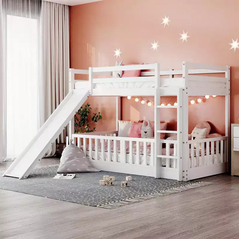 Bellemave Twin Over Twin Bunk Bed with Convertible Slide & Ladder, Solid Pine Wood, Safety Guardrails, Space-Saving Design, White/Gray/Espresso
