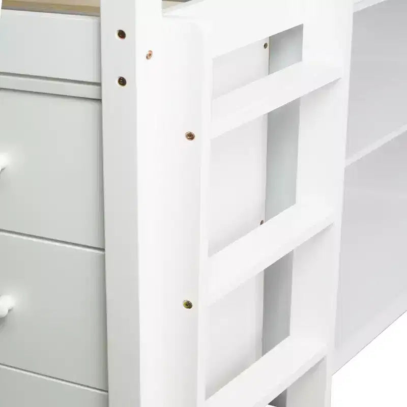 Luxystar Twin Size Loft Bed with 3 Drawers Cabinet, 2-tier Shelf Cabinet and Pulling -Out Desk