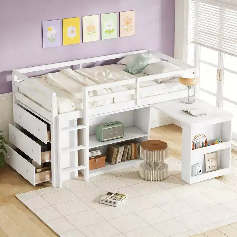 Luxystar Twin Size Loft Bed with 3 Drawers Cabinet, 2-tier Shelf Cabinet and Pulling -Out Desk
