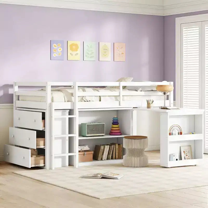 Luxystar Twin Size Loft Bed with 3 Drawers Cabinet, 2-tier Shelf Cabinet and Pulling -Out Desk