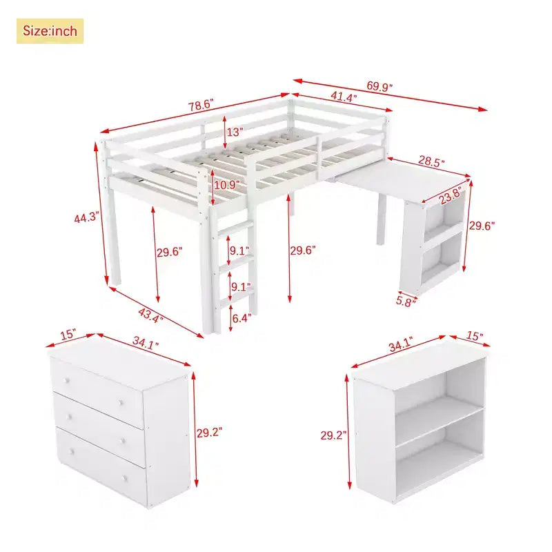 Luxystar Twin Size Loft Bed with 3 Drawers Cabinet, 2-tier Shelf Cabinet and Pulling -Out Desk