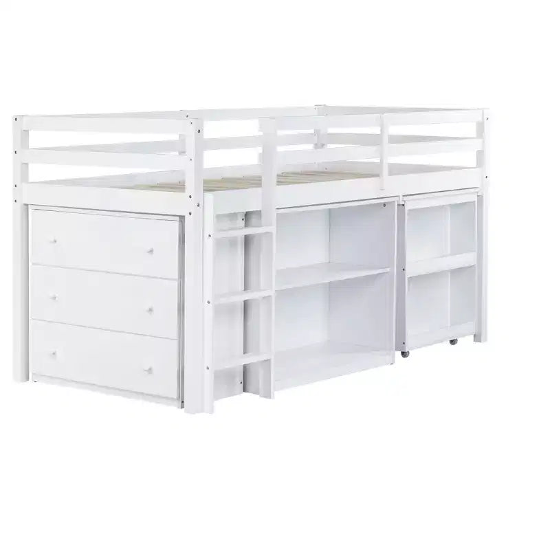 Luxystar Twin Size Loft Bed with 3 Drawers Cabinet, 2-tier Shelf Cabinet and Pulling -Out Desk