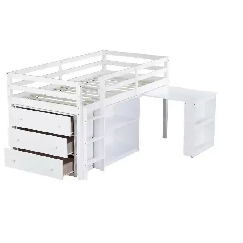 Luxystar Twin Size Loft Bed with 3 Drawers Cabinet, 2-tier Shelf Cabinet and Pulling -Out Desk