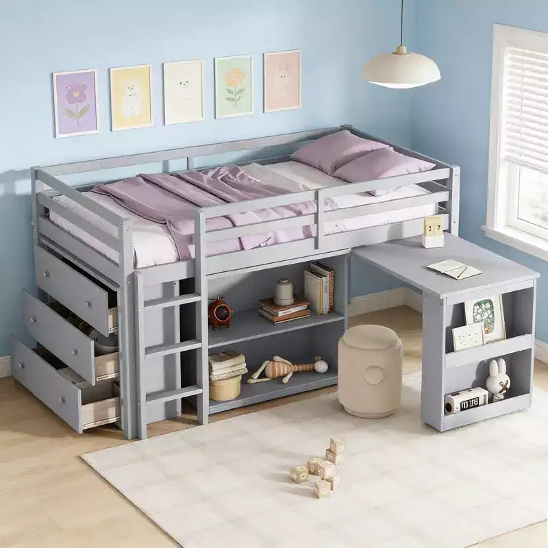 Luxystar Twin Size Loft Bed with 3 Drawers Cabinet, 2-tier Shelf Cabinet and Pulling -Out Desk