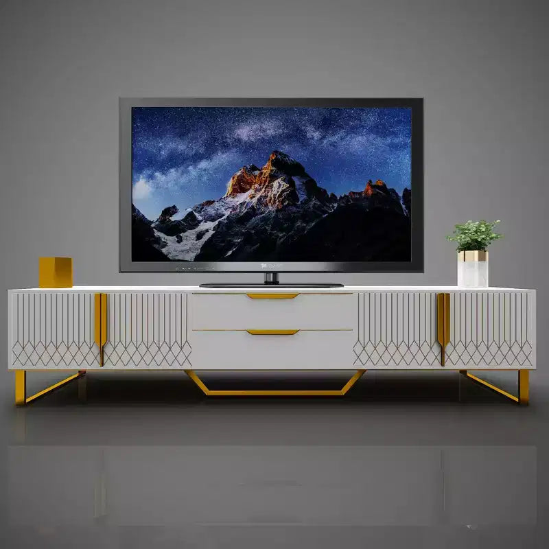 JVNOXK TV Console with Storage Cabinets, Carve Design TV Stand with Metal Legs, Large Storage Space Modern Entertainment Center Suit for Living White