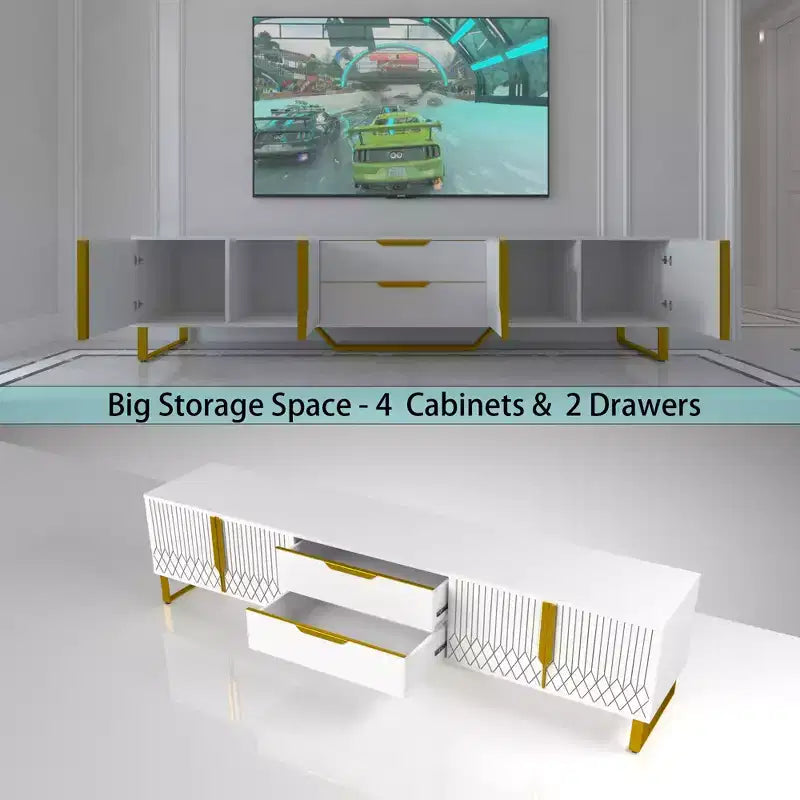 JVNOXK TV Console with Storage Cabinets, Carve Design TV Stand with Metal Legs, Large Storage Space Modern Entertainment Center Suit for Living White
