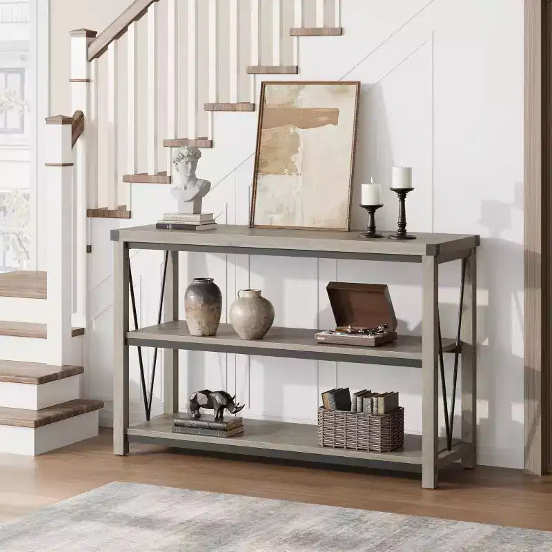 Narrow Entryway Table - 47 Inch Farmhouse Long Console Table, 3 Tier Behind Couch Table with Storage, Wooden Sofa Hallway Tables for Home, Foyer