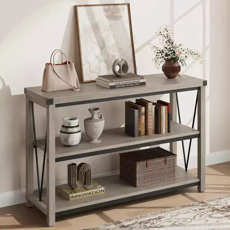 Narrow Entryway Table - 47 Inch Farmhouse Long Console Table, 3 Tier Behind Couch Table with Storage, Wooden Sofa Hallway Tables for Home, Foyer