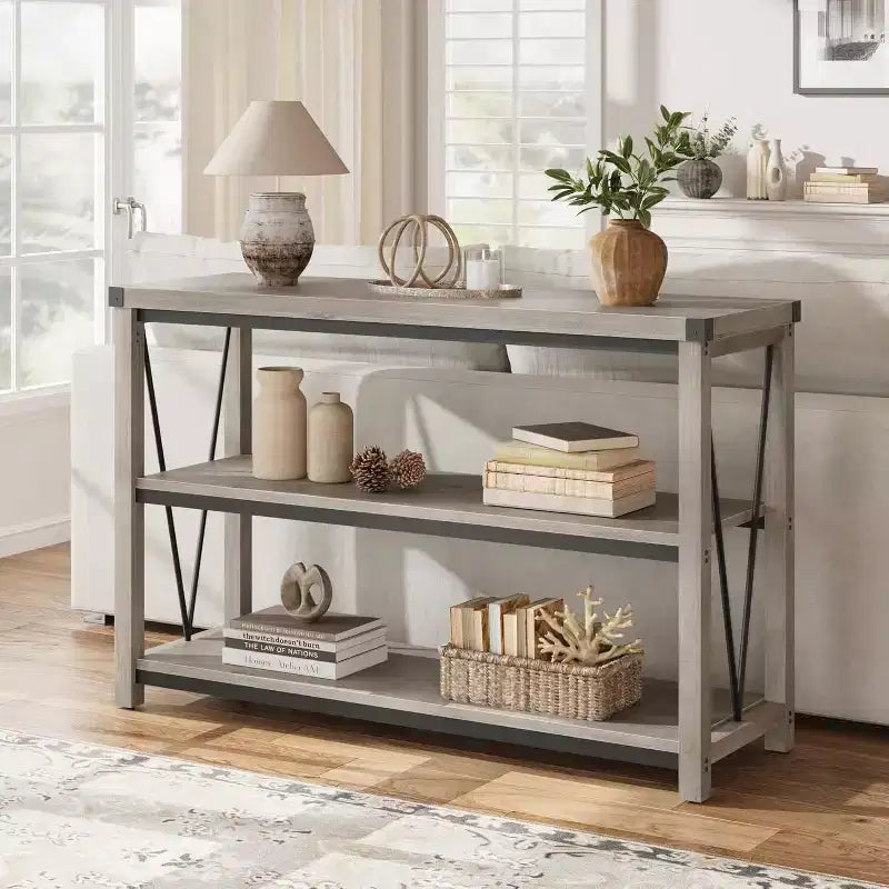 Narrow Entryway Table - 47 Inch Farmhouse Long Console Table, 3 Tier Behind Couch Table with Storage, Wooden Sofa Hallway Tables for Home, Foyer