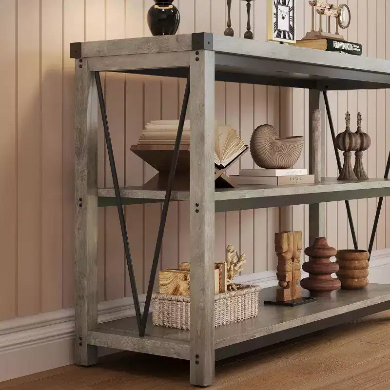 Narrow Entryway Table - 47 Inch Farmhouse Long Console Table, 3 Tier Behind Couch Table with Storage, Wooden Sofa Hallway Tables for Home, Foyer