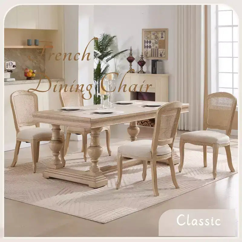 French Country Dining Chairs Set of 2, Upholstered Natural Rattan Fan Back, Wire Drawing Carving, Disassemblable, Beige