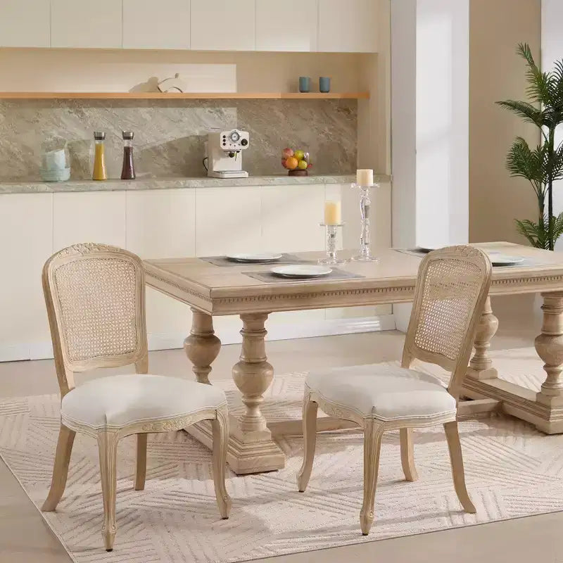 French Country Dining Chairs Set of 2, Upholstered Natural Rattan Fan Back, Wire Drawing Carving, Disassemblable, Beige