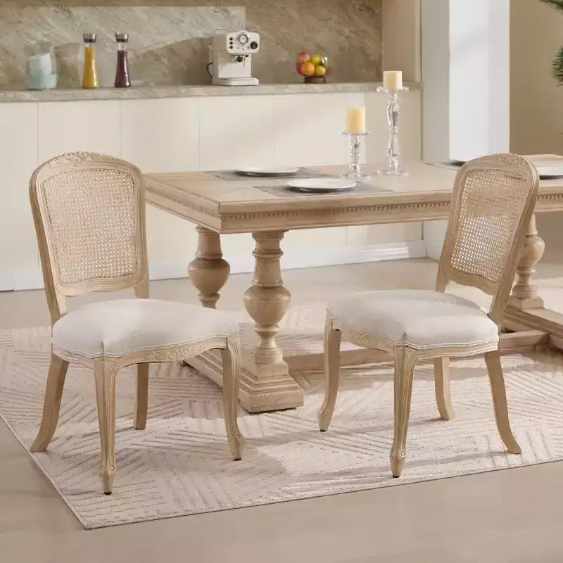 French Country Dining Chairs Set of 2, Upholstered Natural Rattan Fan Back, Wire Drawing Carving, Disassemblable, Beige