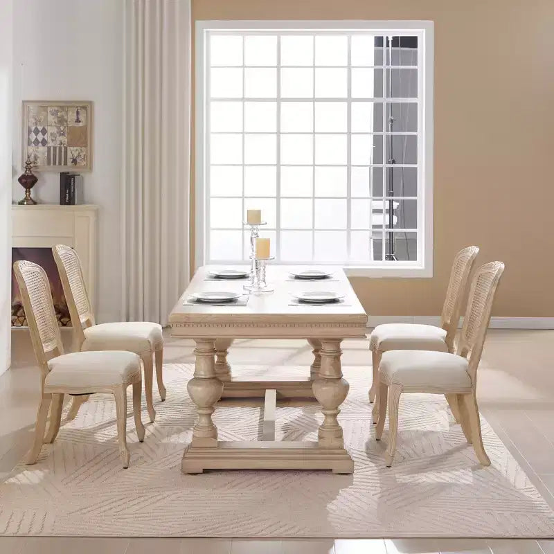 French Country Dining Chairs Set of 2, Upholstered Natural Rattan Fan Back, Wire Drawing Carving, Disassemblable, Beige