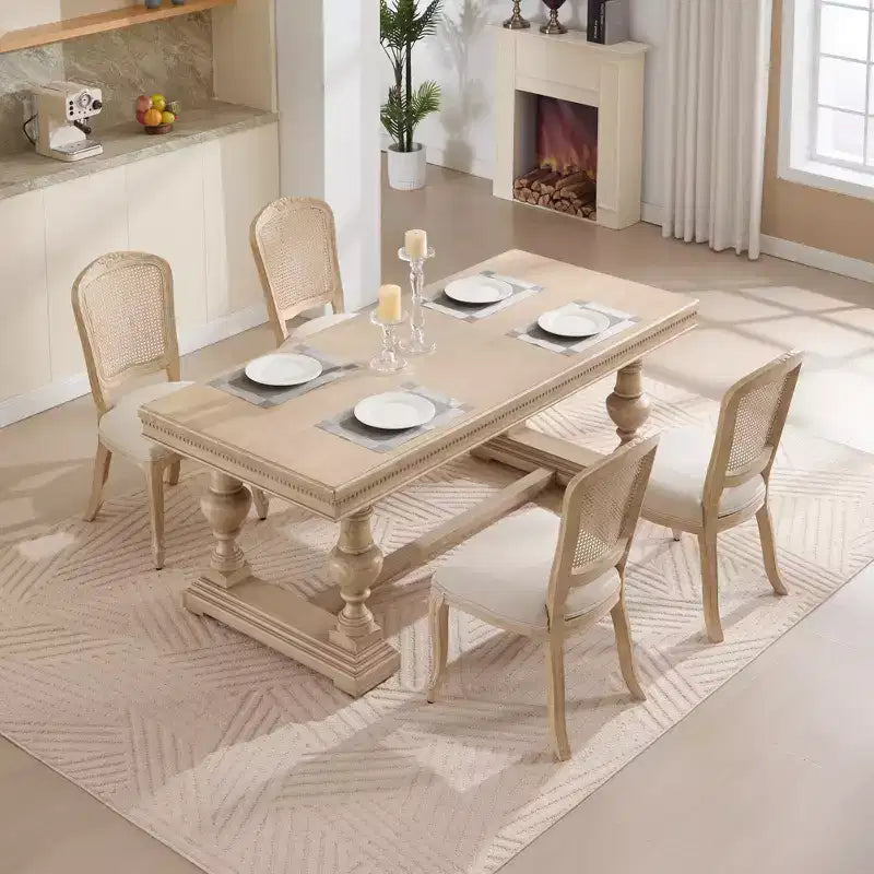 French Country Dining Chairs Set of 2, Upholstered Natural Rattan Fan Back, Wire Drawing Carving, Disassemblable, Beige