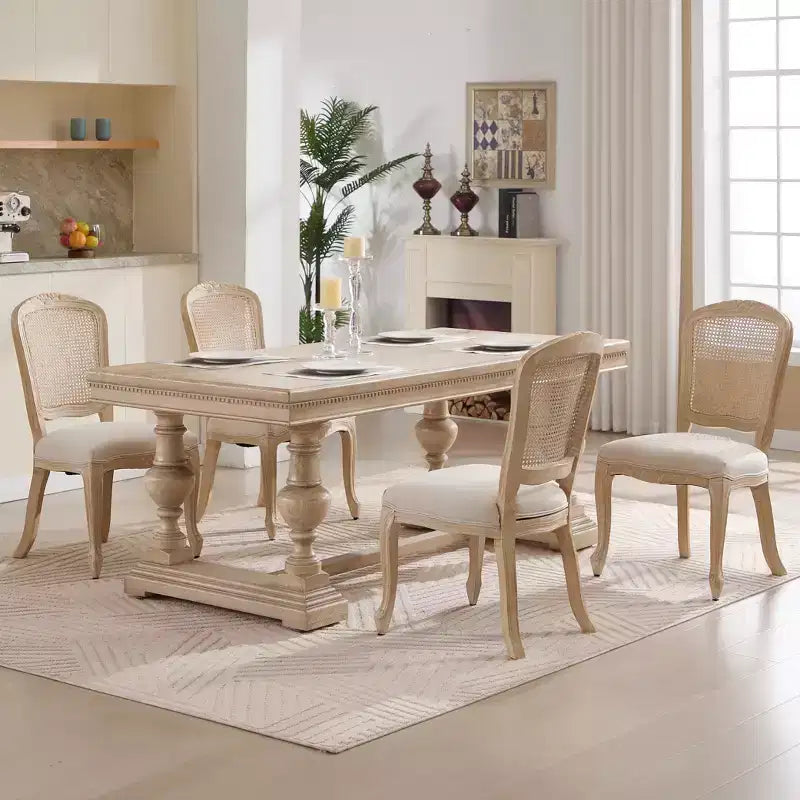 French Country Dining Chairs Set of 2, Upholstered Natural Rattan Fan Back, Wire Drawing Carving, Disassemblable, Beige