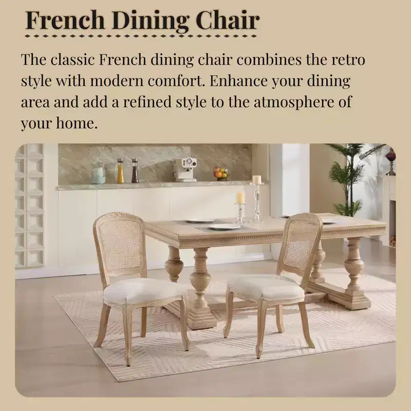 French Country Dining Chairs Set of 2, Upholstered Natural Rattan Fan Back, Wire Drawing Carving, Disassemblable, Beige