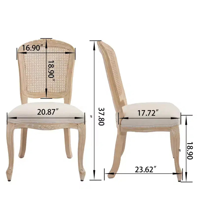 French Country Dining Chairs Set of 2, Upholstered Natural Rattan Fan Back, Wire Drawing Carving, Disassemblable, Beige