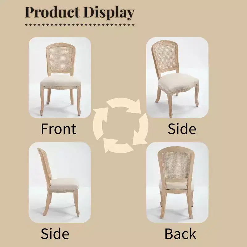 French Country Dining Chairs Set of 2, Upholstered Natural Rattan Fan Back, Wire Drawing Carving, Disassemblable, Beige