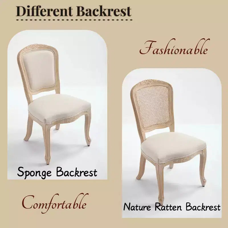 French Country Dining Chairs Set of 2, Upholstered Natural Rattan Fan Back, Wire Drawing Carving, Disassemblable, Beige
