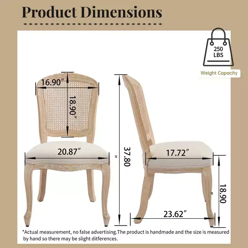 French Country Dining Chairs Set of 2, Upholstered Natural Rattan Fan Back, Wire Drawing Carving, Disassemblable, Beige