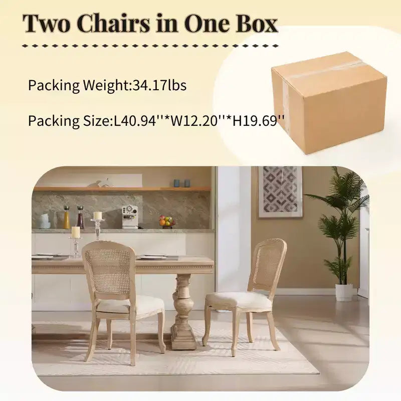 French Country Dining Chairs Set of 2, Upholstered Natural Rattan Fan Back, Wire Drawing Carving, Disassemblable, Beige