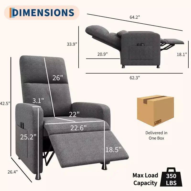 COZONY Adjustable Recliner Sofa Chair with USB Port, Tall Back, Padded Seat, 2 Side Pockets for Living Room Home Theater