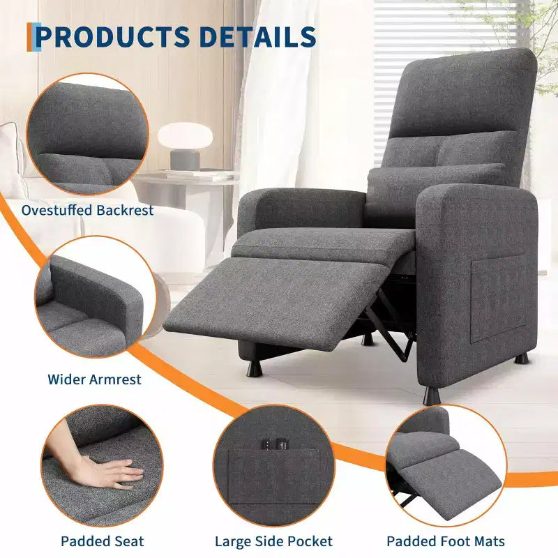 COZONY Adjustable Recliner Sofa Chair with USB Port, Tall Back, Padded Seat, 2 Side Pockets for Living Room Home Theater