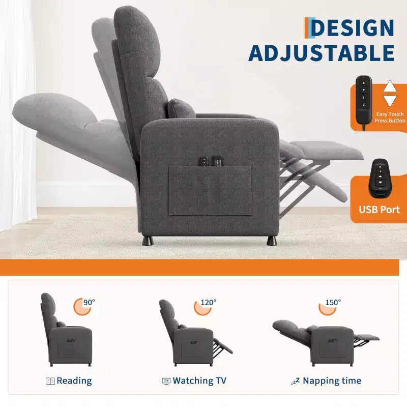 COZONY Adjustable Recliner Sofa Chair with USB Port, Tall Back, Padded Seat, 2 Side Pockets for Living Room Home Theater