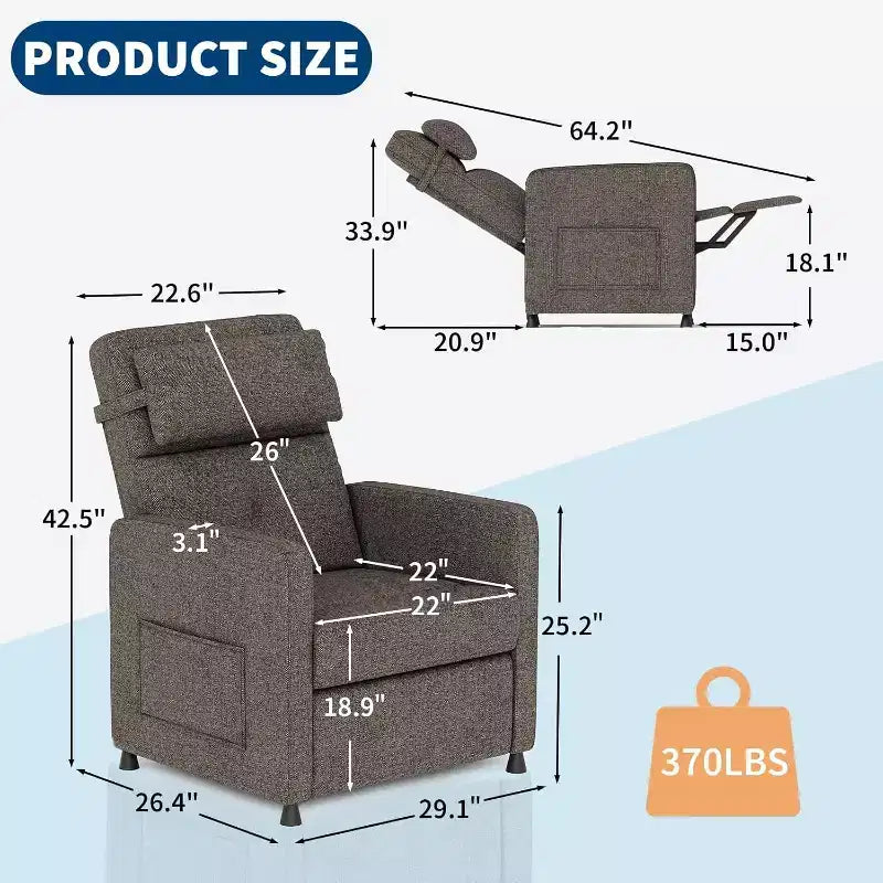 COZONY Adjustable Recliner Sofa Chair with USB Port, Tall Back, Padded Seat, 2 Side Pockets for Living Room Home Theater